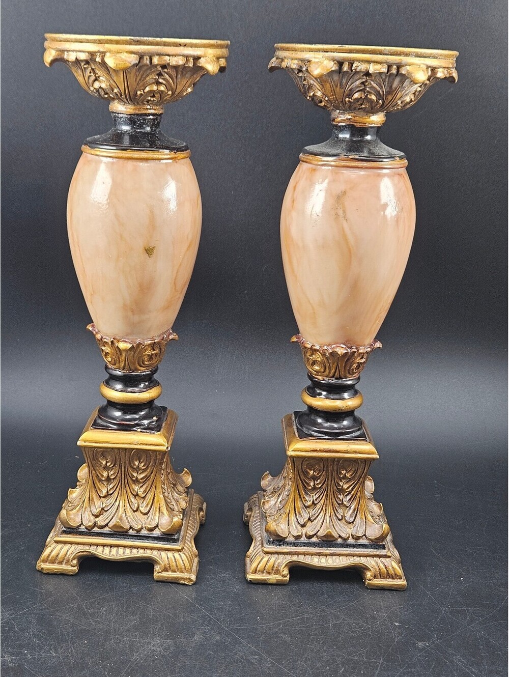 Pair of Gold Tone Marble Look Candlesticks